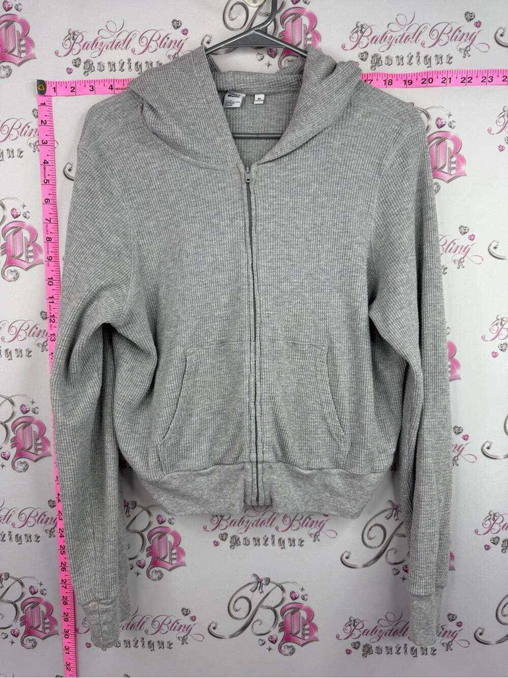 TNA sweater hoodie waffle knit Light Gray Ribbed Hooded Zip Jacket